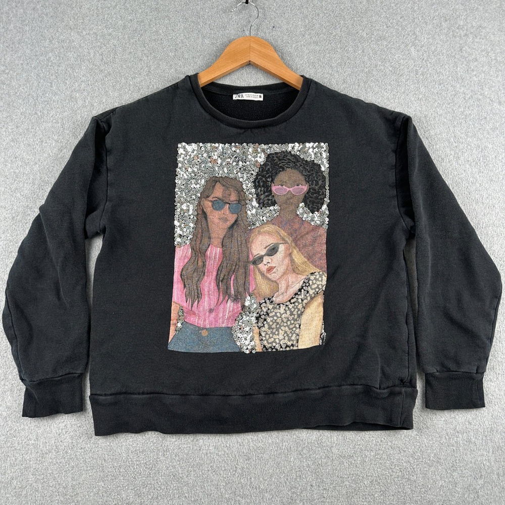 Zara Sweatshirt Womens Medium Black Sequin Graphic Portrait Crewneck Pullover
